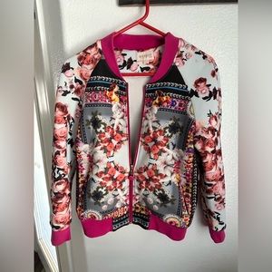 Vibrant Floral Bomber Jacket with Pink Accents